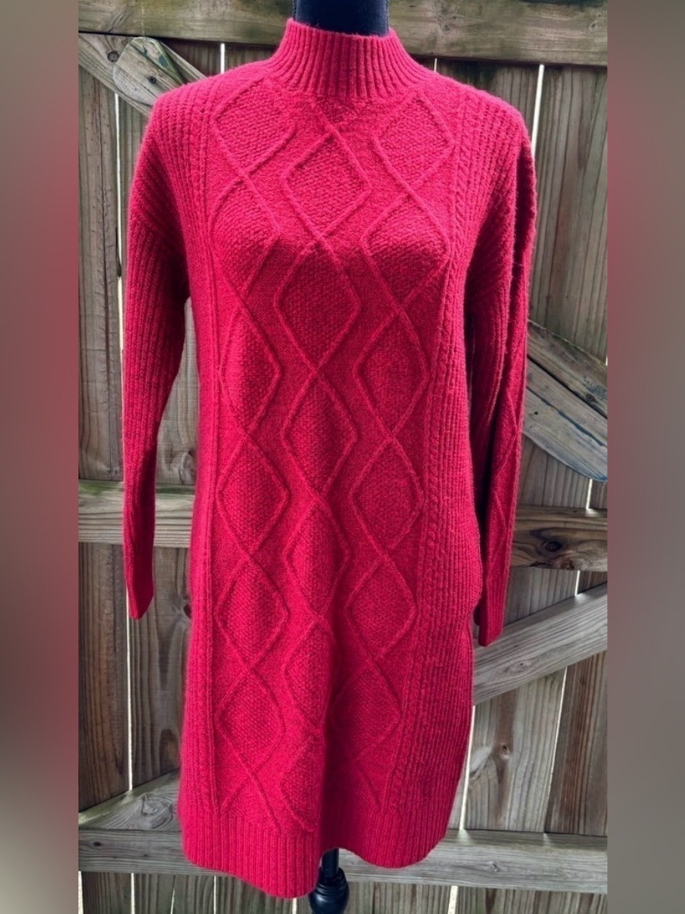 New Loft Red Wool Blend Long Sleeve Mock Turtleneck Cable Knit Sweater Dress S